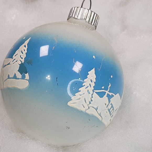 Shiny Brite Christmas Ornament Glass Blue Ombre Winter Village Church Tree Scene - Picture 3 of 10